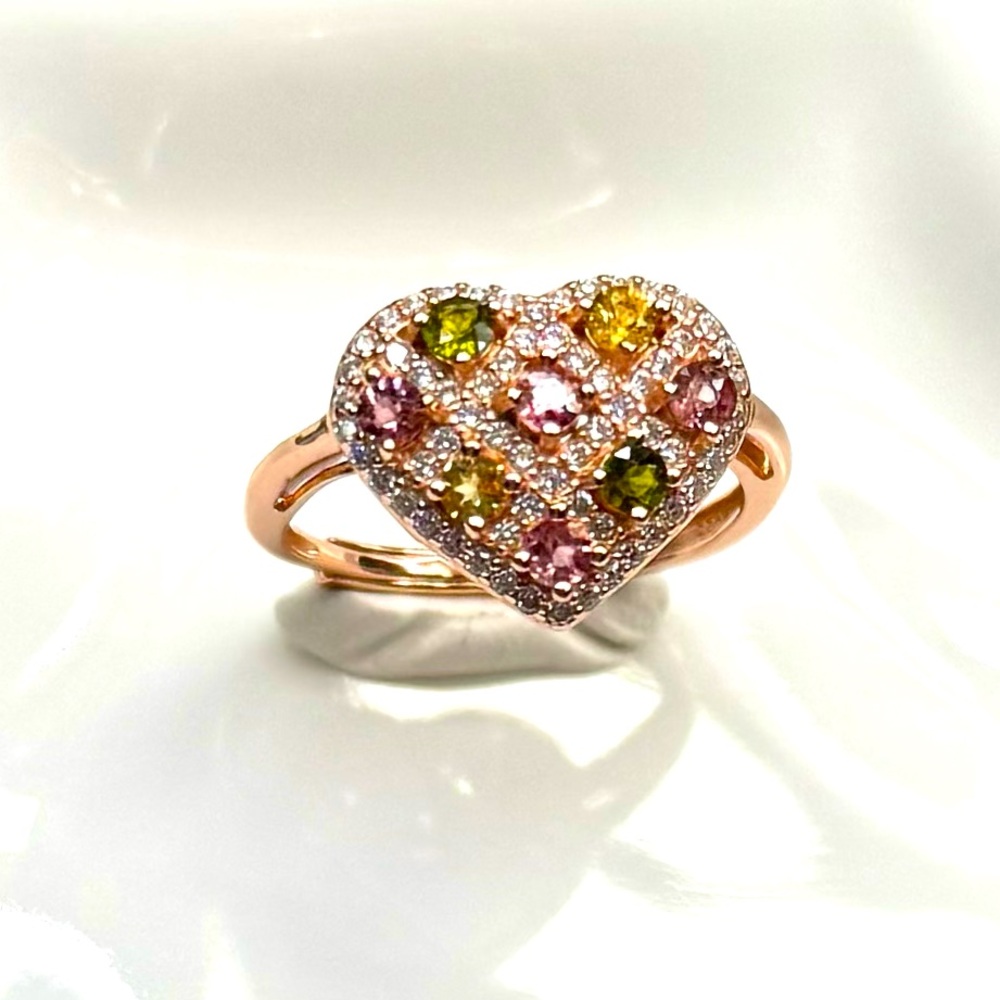 RTR13  0.8CT Rainbow Tourmaline HEART Ring 18K Rose Gold S925